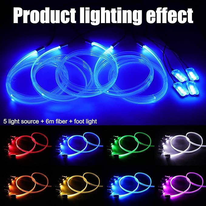 Car Atmosphere Light Kit 6m Fiber Optic Multicolor Sound Active Music Sync Memory Function RF Remote Controller + Bluetooth APP Control 64 Colors USB Car Interior Footwell Ambient Lighting Kit