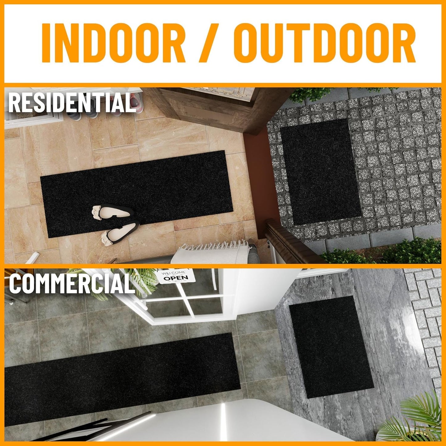 Ottomanson 2'7" x 28' Hallway Runner with Scraper Pile - Extra Durable Non-Slip Rug Mat for Indoor & Outdoor Use - Ideal for Kitchen, Entryway & Garage - High-Traffic Carpet, Black