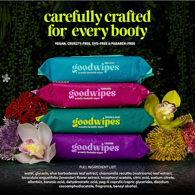 goodwipes Flushable Butt Wipes - Vitamin E & Aloe - Sewer & Septic Safe - Extra Large Adult Wet Wipes For Women & Men - Bathroom Essentials - Lavender, 318 Count (6 Packs + 1 Travel)