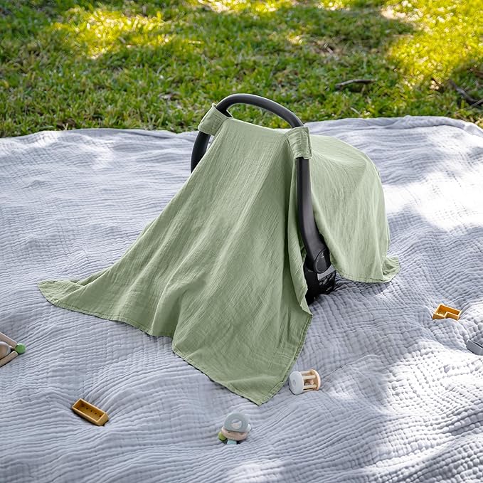 Comfy Cubs Baby Car Seat Cover - Soft, Breathable Bamboo Rayon and Muslin Cotton Blend - Lightweight Canopy for Sun, Bug, and Comfort Protection - Large Size Infant Seat Cover in Sage Design