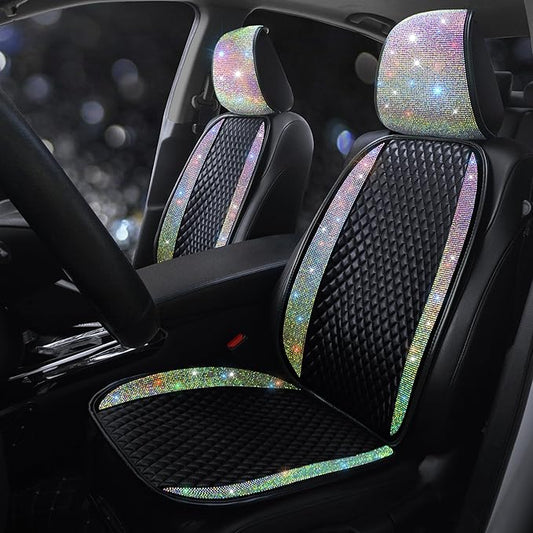 Bling Crystal Diamond Sparkly Glitter Car Seat Cover Premium PU Front Seat Protector Pad Works with 95% of Vehicles Bling Bling Rhinestones Auto Interior Accessories for Women Color 2Seats