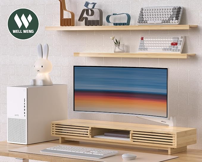 Dual Monitor Stand Riser with Sliding Door, Double Computer Laptop Stand Desk