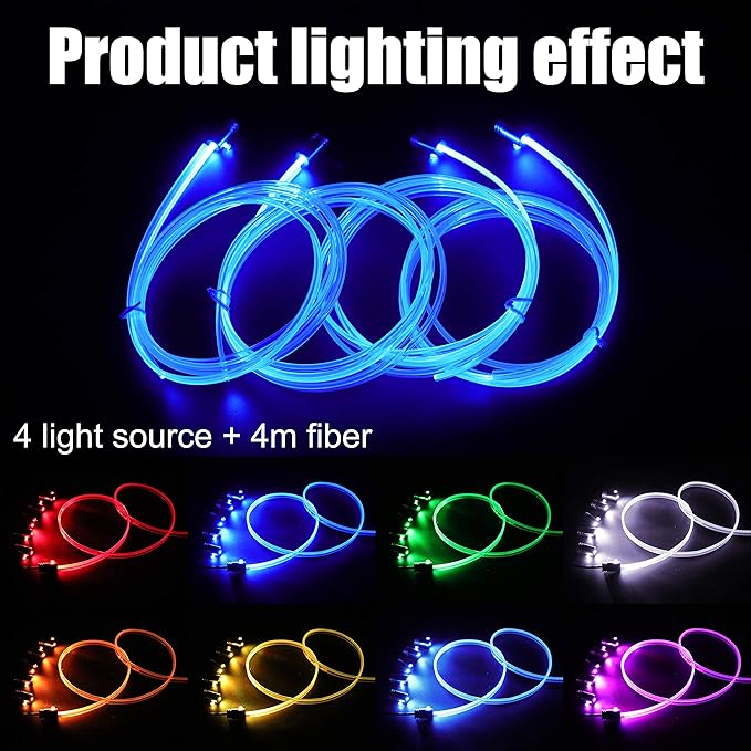 Car Ambient Lighting Optic Fiber 8 Colors Music Sound Active with RF Remote Control Car Decorative Atmosphere Lighting Kit DC 12V 1W 4m