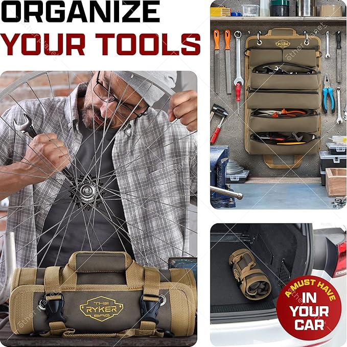 The Ryker Roll Up Tool Bag Organizer Gifts for him (2-pack) Heavy Duty Small Motorcycle Tool Roll Bag Organizer Portable Rollup Toolbag w/Detachable Pouches Mens gifts for Dad, Mechanic & Hobbyist